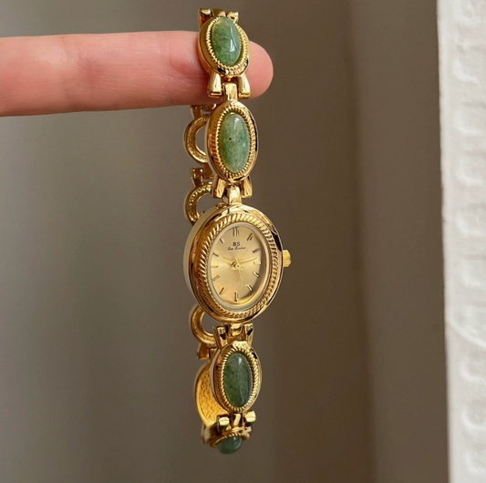 Vintage Style Green Jade Stone Bracelet Watch