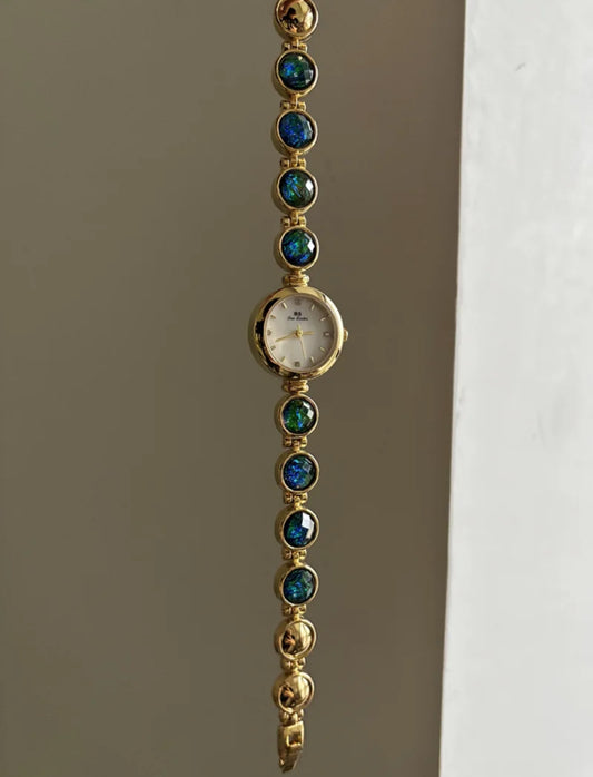 Vintage Gold Watch Mother of Pearl Dial Colorful Nature Stone Bracelet Watch