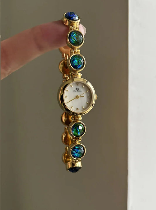 Vintage Gold Watch Mother of Pearl Dial Colorful Nature Stone Bracelet Watch