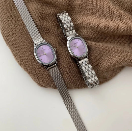 Vintage Purple Oval Dial Small Steel Watch