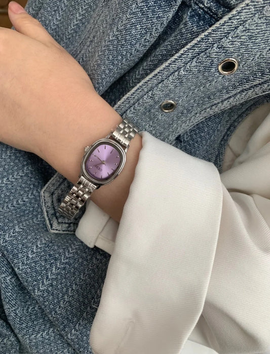 Vintage Purple Oval Dial Small Steel Watch