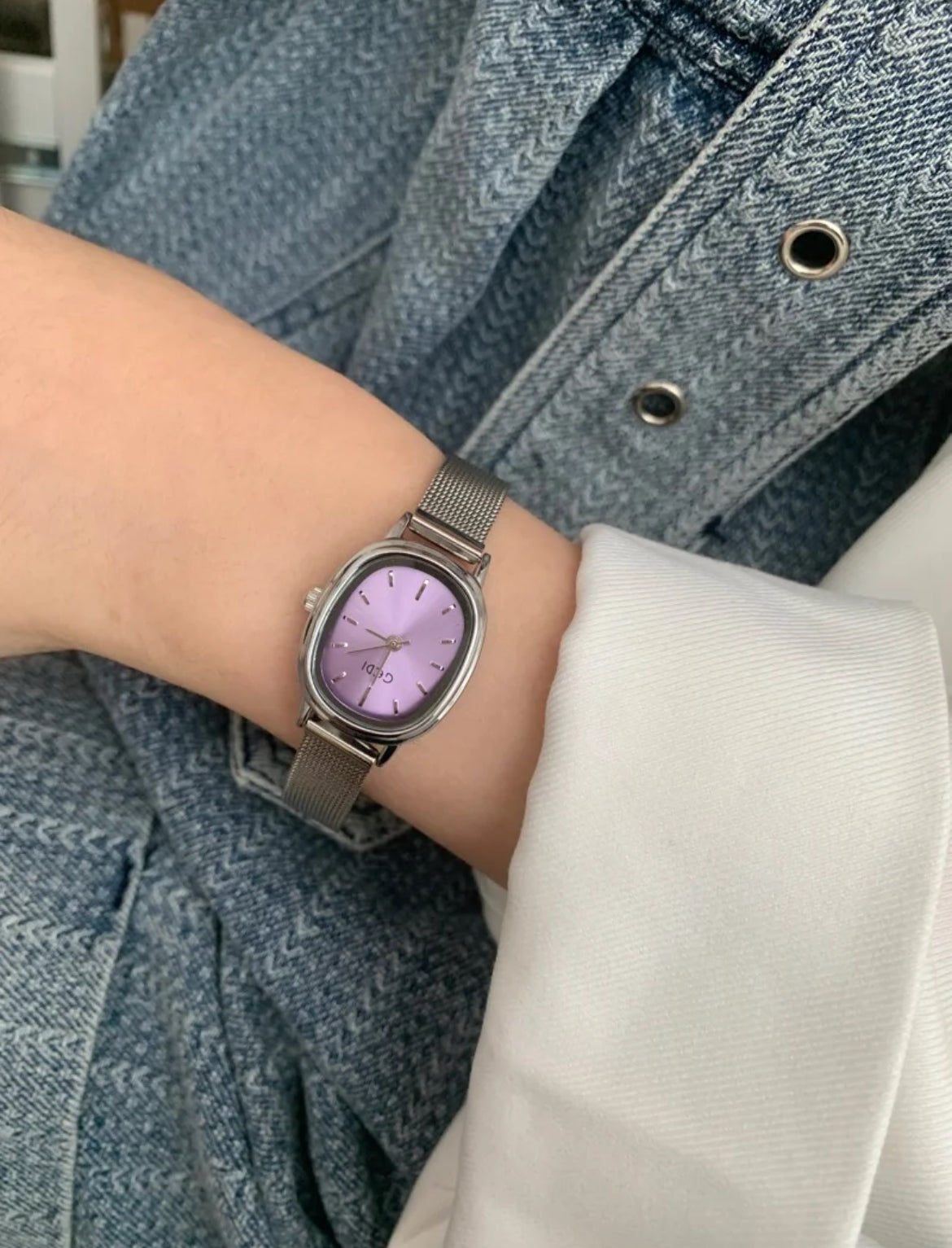 Vintage Purple Oval Dial Small Steel Watch