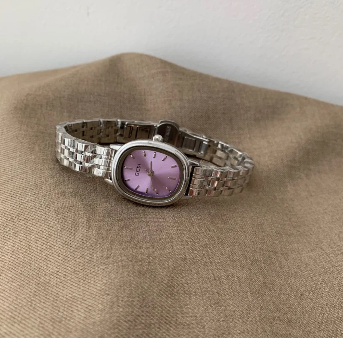 Vintage Purple Oval Dial Small Steel Watch