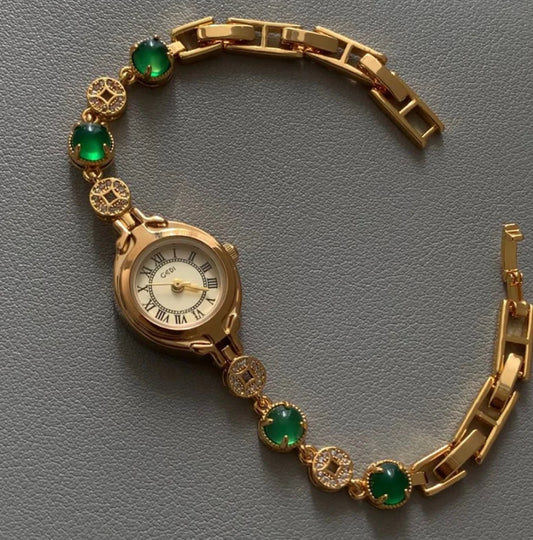 Gold Round Face Green Beads Bracelet Watch for Women