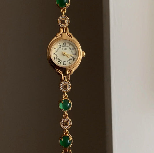 Gold Round Face Green Beads Bracelet Watch for Women