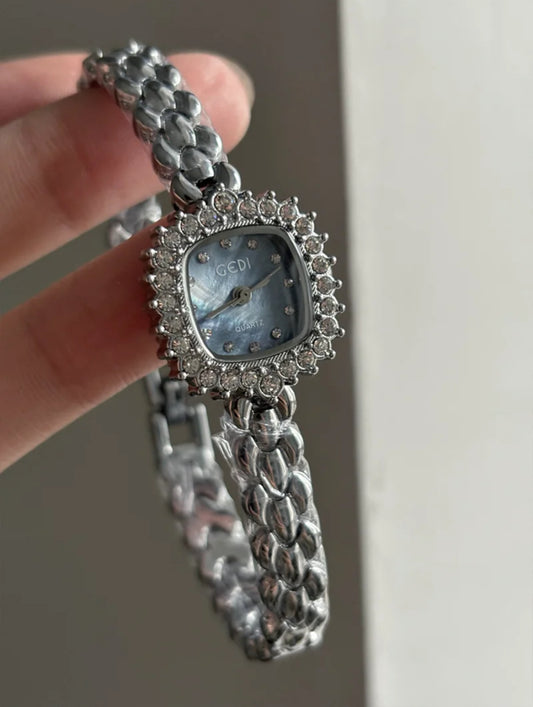 Silver-Blue Square Dial Steel Strap Women's Watch
