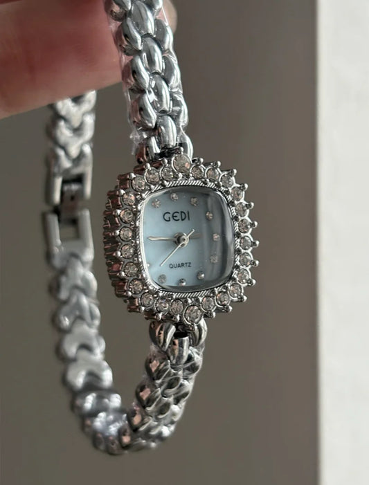 Silver-Blue Square Dial Steel Strap Women's Watch