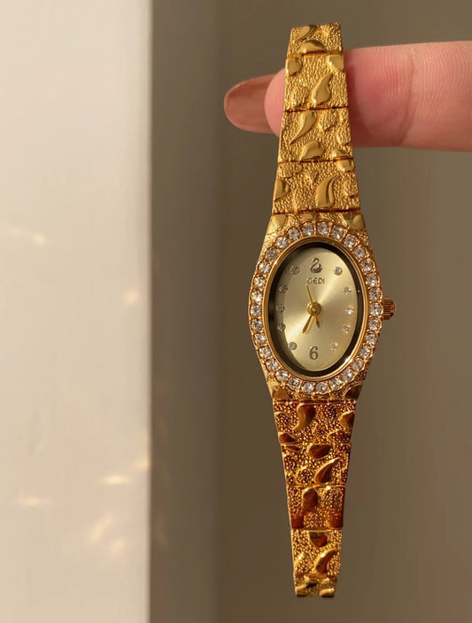 Vintage Diamond Oval Gold-Tone Quartz Watch