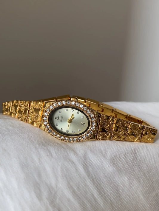 Vintage Diamond Oval Gold-Tone Quartz Watch
