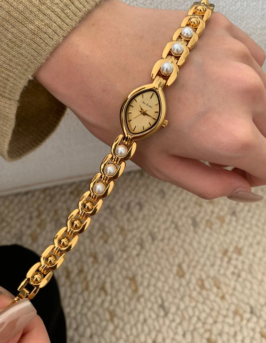 Pearl Drop Oval Dial Gold Quartz Bracelet Watch