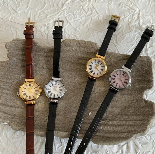 Minimalist Round Roman Numeral Dial Brown Leather Watch