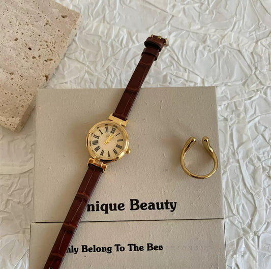 Minimalist Round Roman Numeral Dial Brown Leather Watch