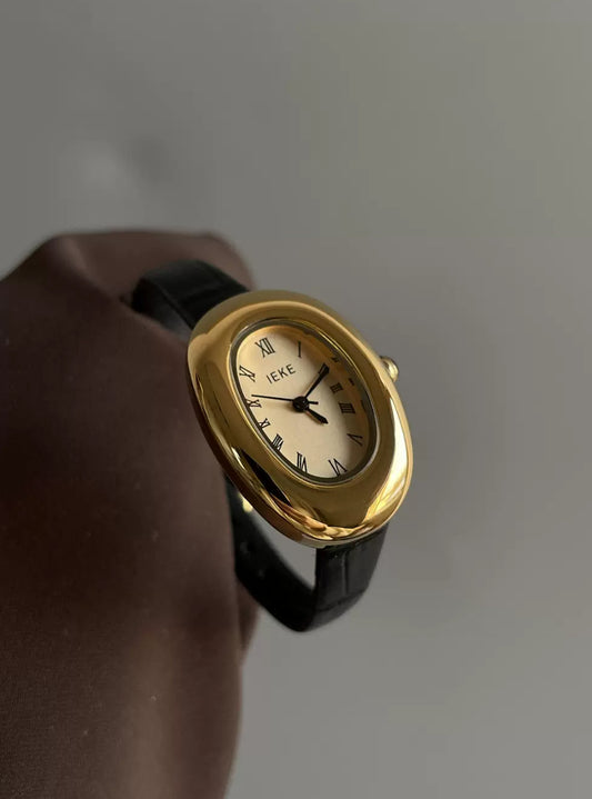 Vintage-Inspired Gold Oval Leather Watch for Women