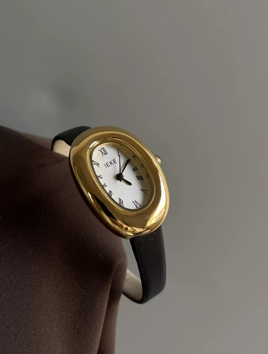 Vintage-Inspired Gold Oval Leather Watch for Women