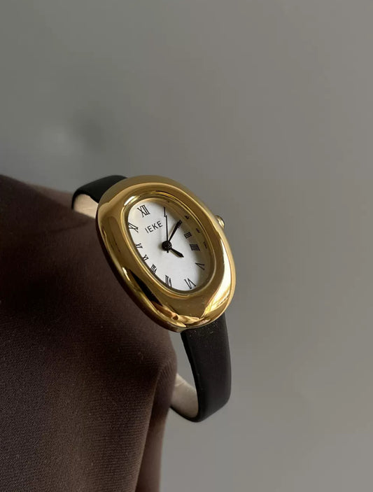 Vintage-Inspired Gold Oval Leather Watch for Women