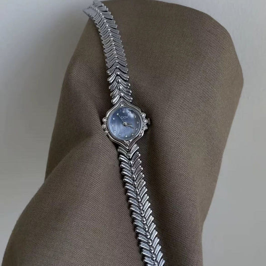 Fishtail Vintage Silver Blue Mother-of-Pearl Bracelet Watch