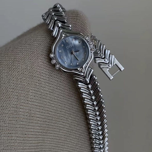 Fishtail Vintage Silver Blue Mother-of-Pearl Bracelet Watch
