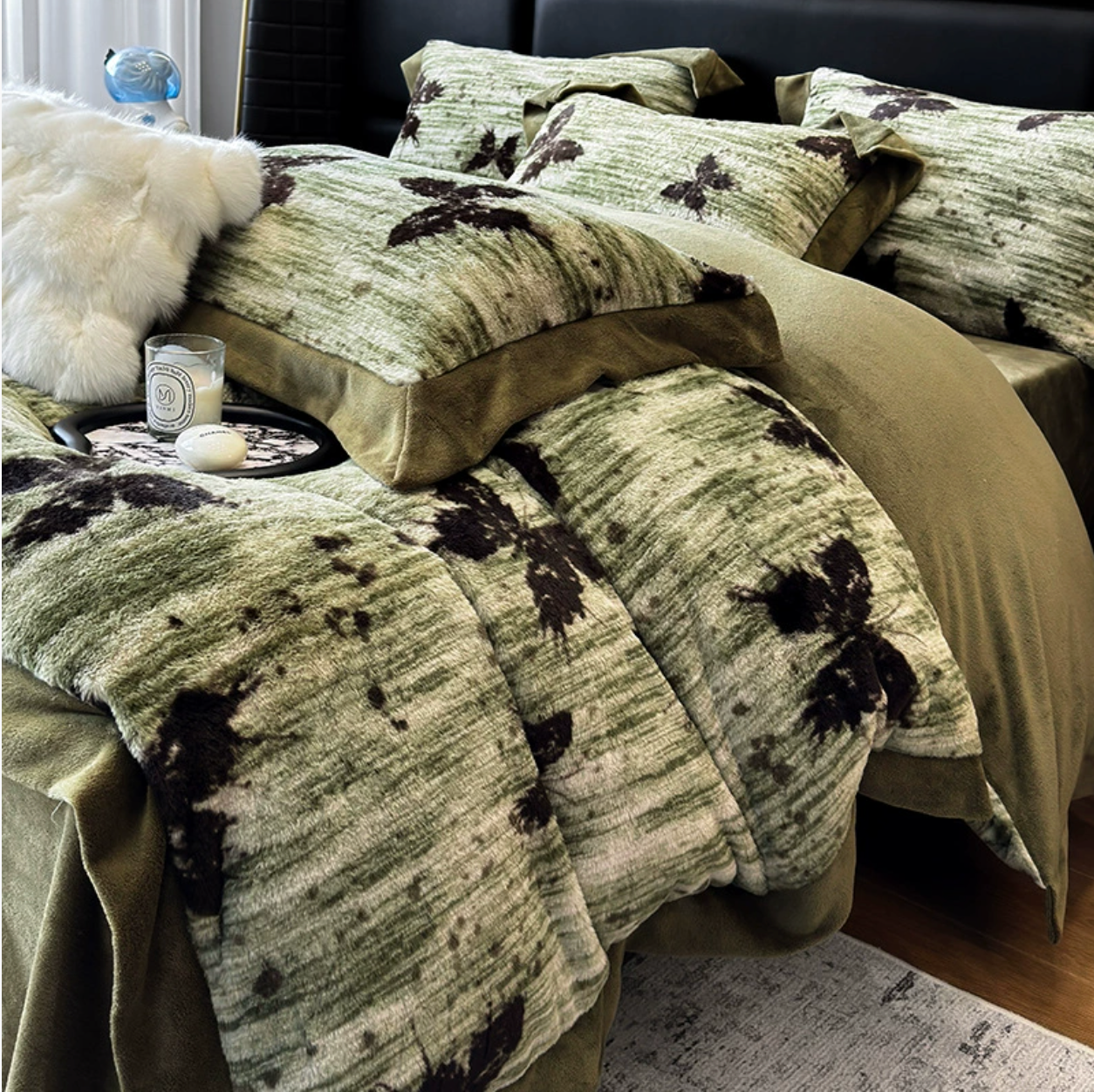 Winter Thick Warm Milk Velvet Four Piece Set Bedding with Double-sided Coral Fleece Soft Flannel Duvet Cover and Bedsheets and Pillowcase (Fitted sheet）