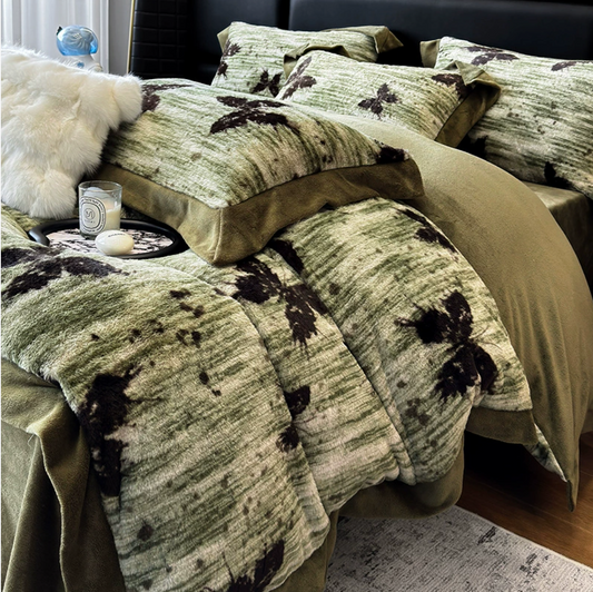 Winter Thick Warm Milk Velvet Four Piece Set Bedding with Double-sided Coral Fleece Soft Flannel Duvet Cover and Bedsheets and Pillowcase (Fitted sheet）
