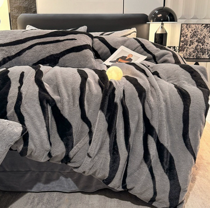 Thick Plush Anti-static Super Warm Milk Velvet Bed Four Piece Set Warm Zebra Print Double-sided Velvet Duvet Cover Bed Sheet