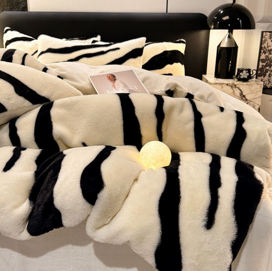 Thick Plush Anti-static Super Warm Milk Velvet Bed Four Piece Set Warm Zebra Print Double-sided Velvet Duvet Cover Bed Sheet