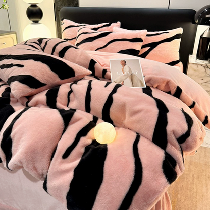 Thick Plush Anti-static Super Warm Milk Velvet Bed Four Piece Set Warm Zebra Print Double-sided Velvet Duvet Cover Bed Sheet