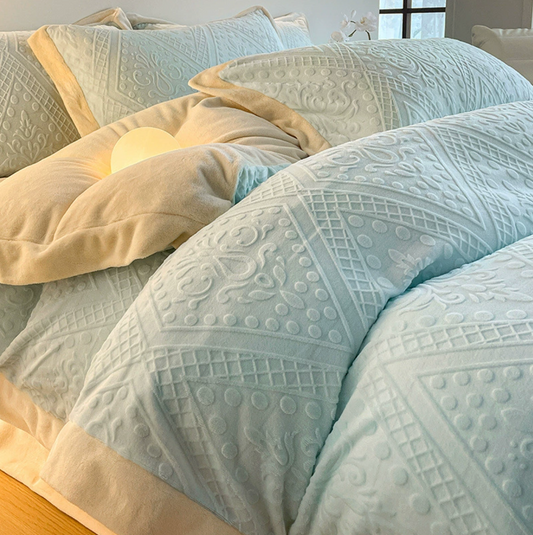 Milk Fleece Single Quilt Set Autumn/winter Thickened Warm Solid Color Duvet Cover Bedding for Queen Use(Fitted sheet)