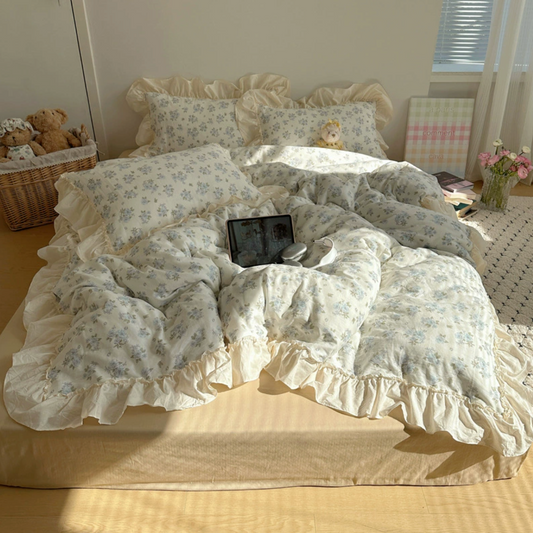 Lace Design Pure Cotton Korean Princess Style Floral Ruffles Bedding Set Skin-friendly Soft Duvet Cover Set Bed Sheet Or Bed Skirt Pillowcases (Fitted sheet)