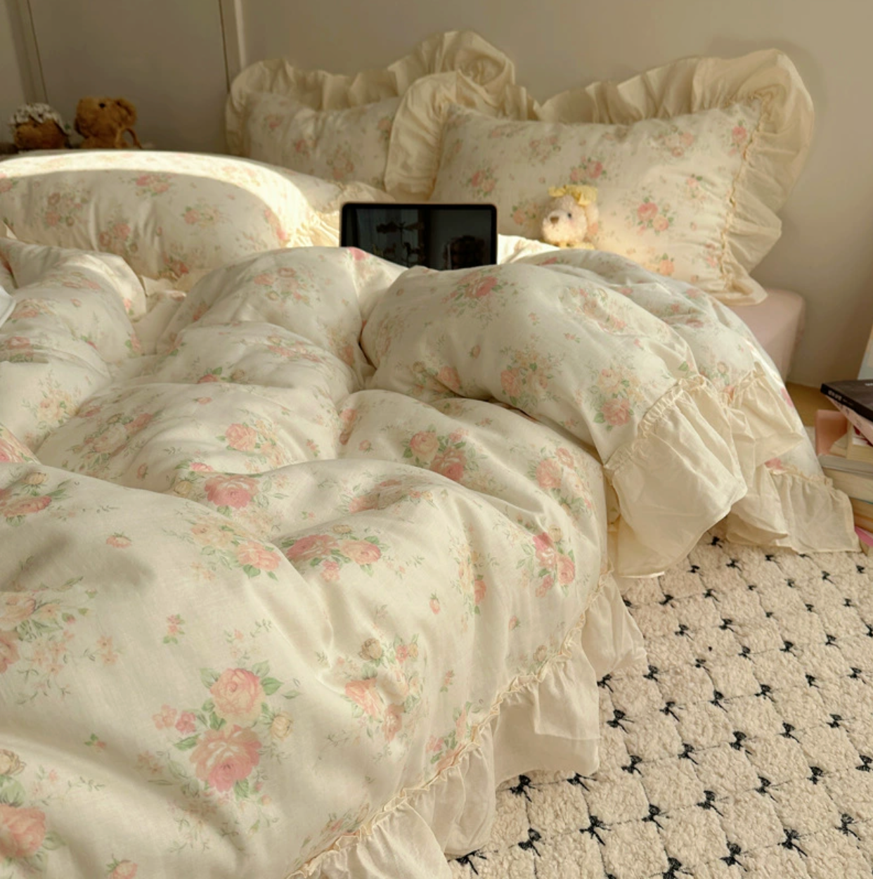 Lace Design Pure Cotton Korean Princess Style Floral Ruffles Bedding Set Skin-friendly Soft Duvet Cover Set Bed Sheet Or Bed Skirt Pillowcases (Fitted sheet)
