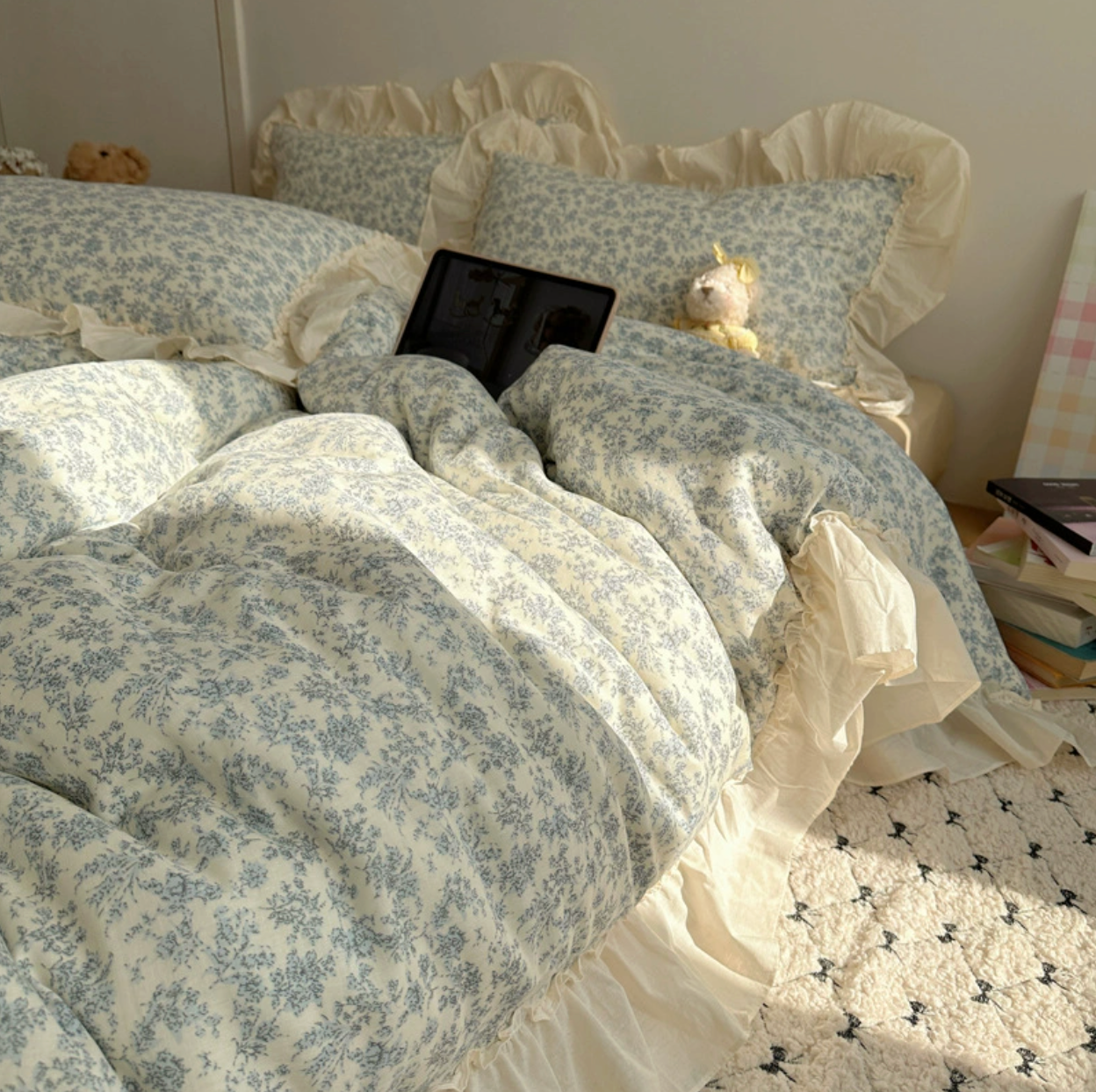 Lace Design Pure Cotton Korean Princess Style Floral Ruffles Bedding Set Skin-friendly Soft Duvet Cover Set Bed Sheet Or Bed Skirt Pillowcases (Fitted sheet)