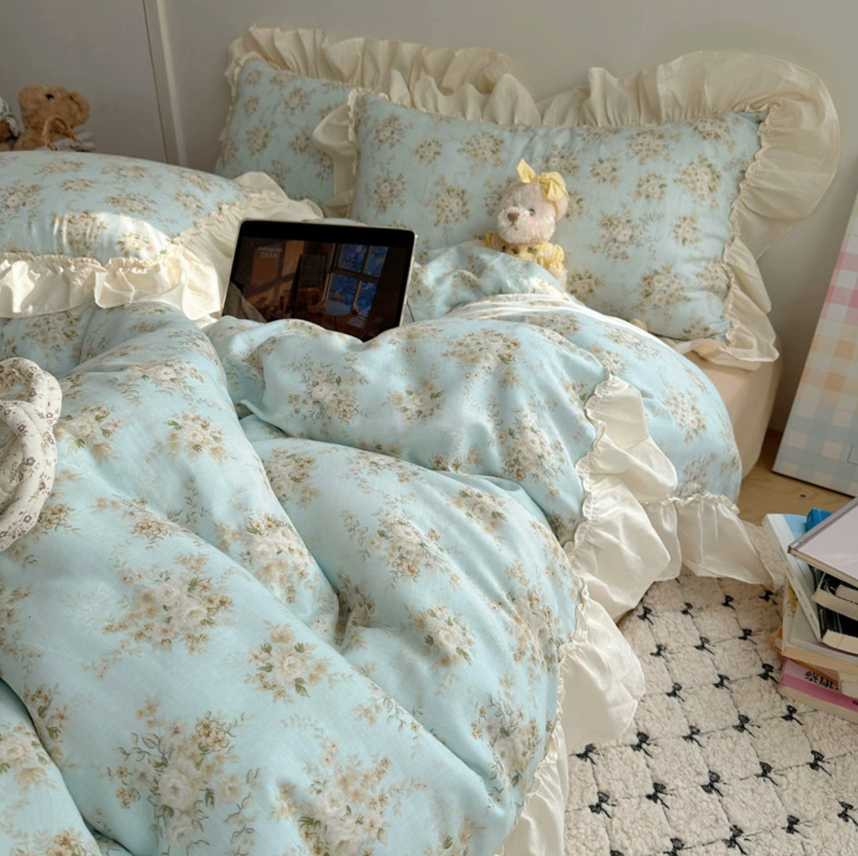 Lace Design Pure Cotton Korean Princess Style Floral Ruffles Bedding Set Skin-friendly Soft Duvet Cover Set Bed Sheet Or Bed Skirt Pillowcases (Fitted sheet)