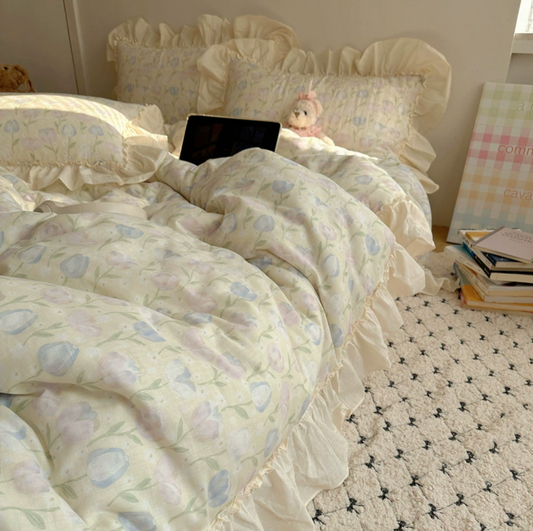 Lace Design Pure Cotton Korean Princess Style Floral Ruffles Bedding Set Skin-friendly Soft Duvet Cover Set Bed Sheet Or Bed Skirt Pillowcases (Fitted sheet)