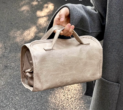 Foldable Leather Travel Cosmetic Bag Large Capacity Portable Women Makeup Case Waterproof Toiletry Makeup Organizer Storage Bag With Handle