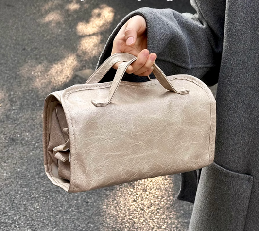 Foldable Leather Travel Cosmetic Bag Large Capacity Portable Women Makeup Case Waterproof Toiletry Makeup Organizer Storage Bag With Handle