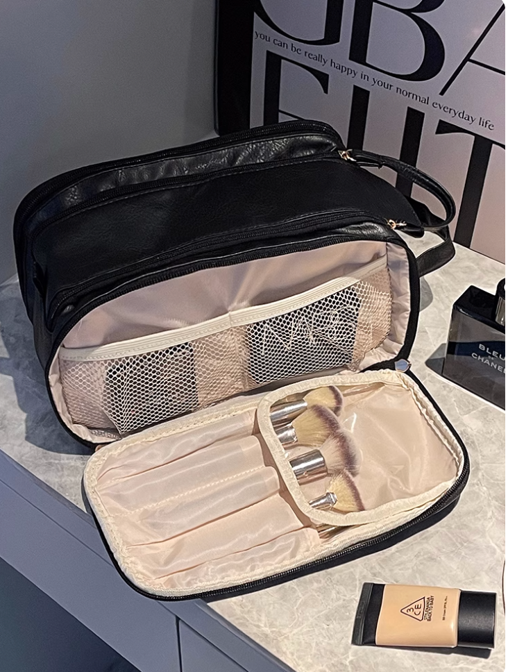 Multifunctional Makeup Bag For Women PU Leather Large Capacity Portable Double Zipper Travel Makeup Brush Toiletries Storage Bag Waterproof