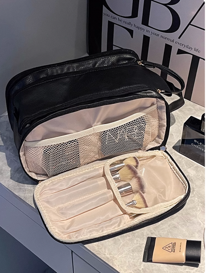 Multifunctional Makeup Bag For Women PU Leather Large Capacity Portable Double Zipper Travel Makeup Brush Toiletries Storage Bag Waterproof