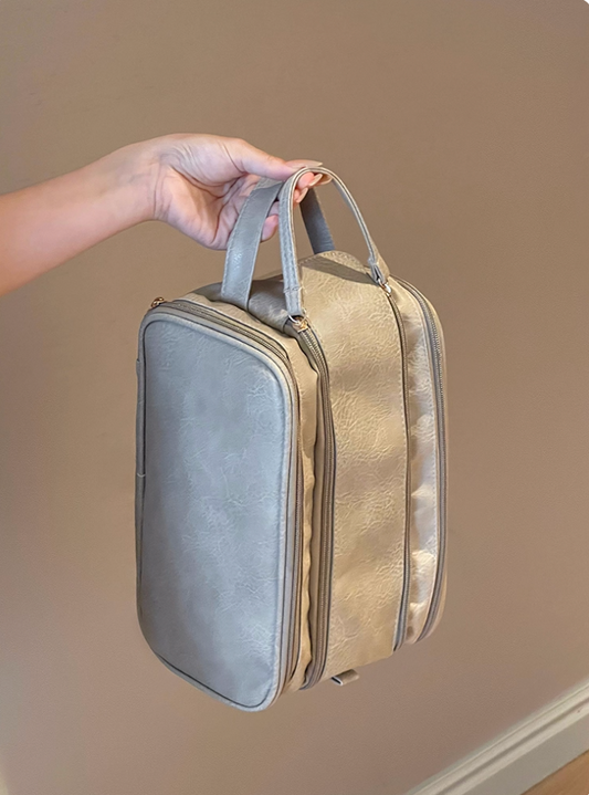 Multifunctional Makeup Bag For Women PU Leather Large Capacity Portable Double Zipper Travel Makeup Brush Toiletries Storage Bag Waterproof