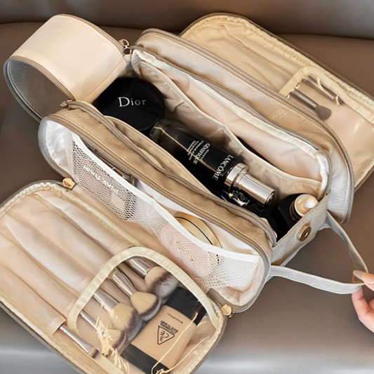 Multifunctional Makeup Bag For Women PU Leather Large Capacity Portable Double Zipper Travel Makeup Brush Toiletries Storage Bag Waterproof