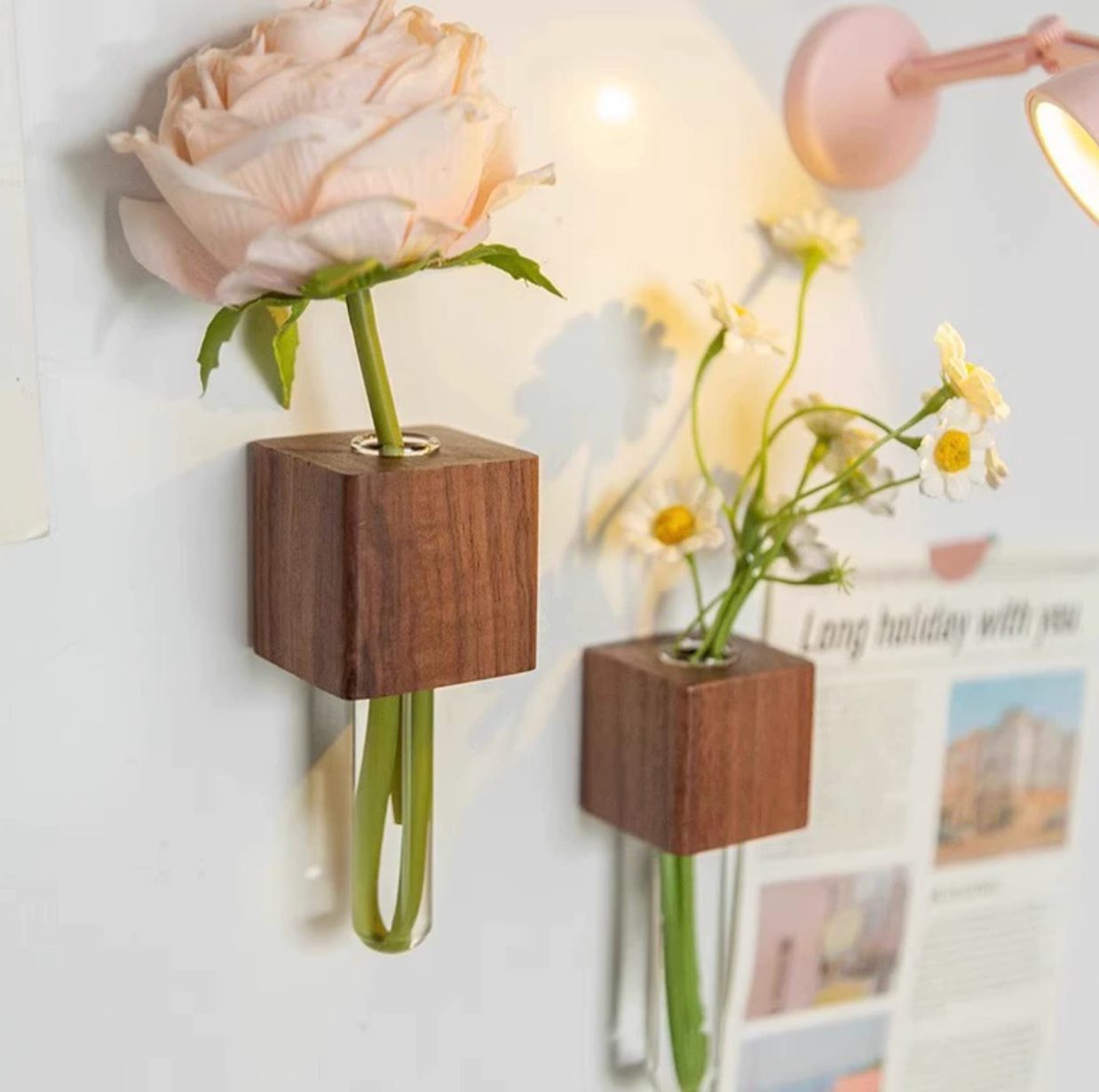 Wooden Test Tube Vase Refrigerator Magnet DIY Hydroponic Plants Propagation Vase Planter Home Kitchen Locker Fridge Decoration