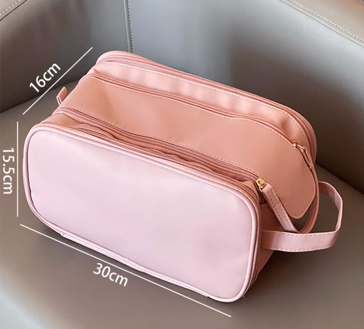 Multifunctional Makeup Bag For Women PU Leather Large Capacity Portable Double Zipper Travel Makeup Brush Toiletries Storage Bag Waterproof