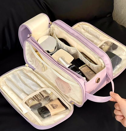 Multifunctional Makeup Bag For Women PU Leather Large Capacity Portable Double Zipper Travel Makeup Brush Toiletries Storage Bag Waterproof