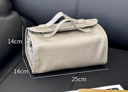 Foldable Leather Travel Cosmetic Bag Large Capacity Portable Women Makeup Case Waterproof Toiletry Makeup Organizer Storage Bag With Handle