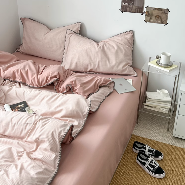 Nordic Princess Pink Bedding Set Girls Adults Queen Size Bed Flat Sheet Duvet Cover Pillowcases Solid Color Bed Linen(Fitted sheet)