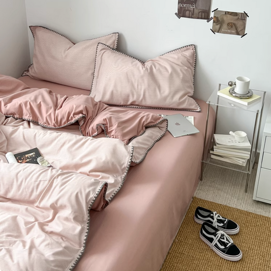 Nordic Princess Pink Bedding Set Girls Adults Queen Size Bed Flat Sheet Duvet Cover Pillowcases Solid Color Bed Linen(Fitted sheet)