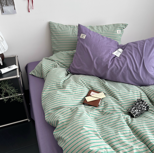 Simple Style Bedding Set Nordic Striped Duvet Cover Set 100% Cotton Queen Bed Sheet Set For Bedroom (Fitted Sheet)