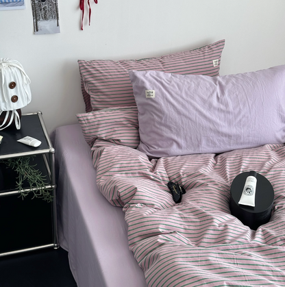 Simple Style Bedding Set Nordic Striped Duvet Cover Set 100% Cotton Queen Bed Sheet Set For Bedroom (Fitted Sheet)