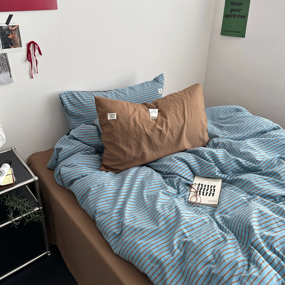 Simple Style Bedding Set Nordic Striped Duvet Cover Set 100% Cotton Queen Bed Sheet Set For Bedroom (Fitted Sheet)