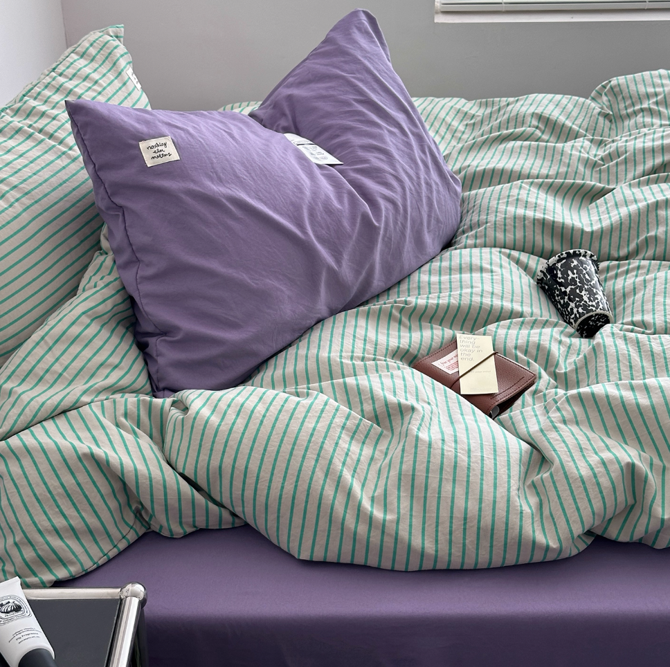 Simple Style Bedding Set Nordic Striped Duvet Cover Set 100% Cotton Queen Bed Sheet Set For Bedroom (Fitted Sheet)