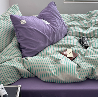 Simple Style Bedding Set Nordic Striped Duvet Cover Set 100% Cotton Queen Bed Sheet Set For Bedroom (Fitted Sheet)