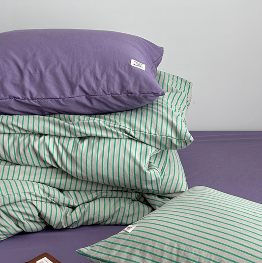 Simple Style Bedding Set Nordic Striped Duvet Cover Set 100% Cotton Queen Bed Sheet Set For Bedroom (Fitted Sheet)